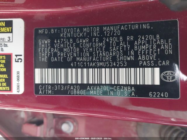 4T1C11AK9MU534253 Toyota CAMRY LE