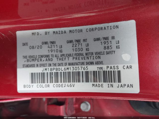 JM1BPBDL6M1305765 Mazda Mazda3 Premium
