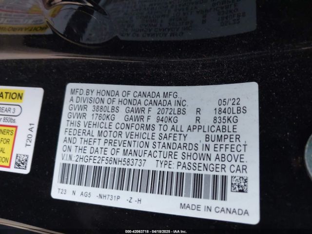 2HGFE2F56NH583737 Honda Civic Sport