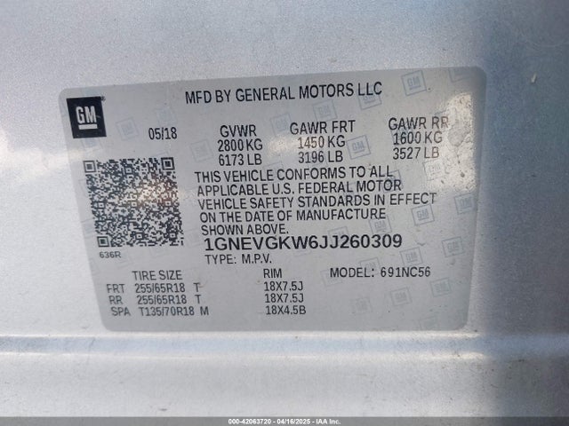 1GNEVGKW6JJ260309 Chevrolet Traverse 1lt