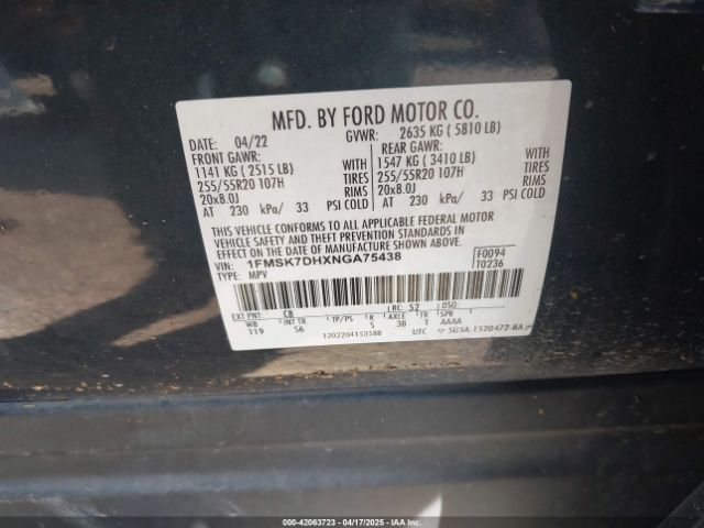 1FMSK7DHXNGA75438 Ford EXPLORER XLT