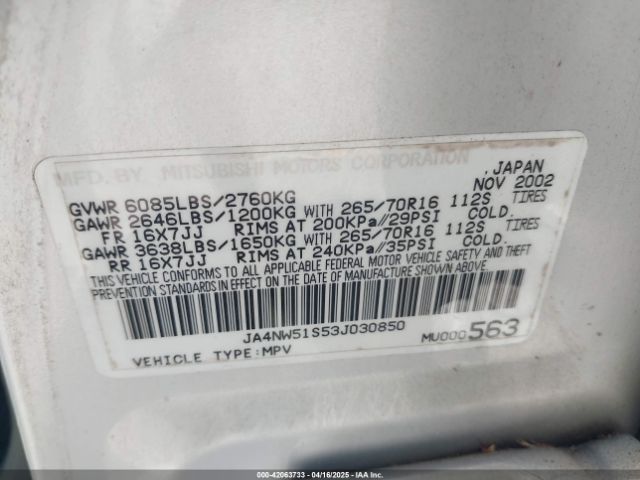 2003 MITSUBISHI MONTERO JA4NW51S53J030850 Photo 8