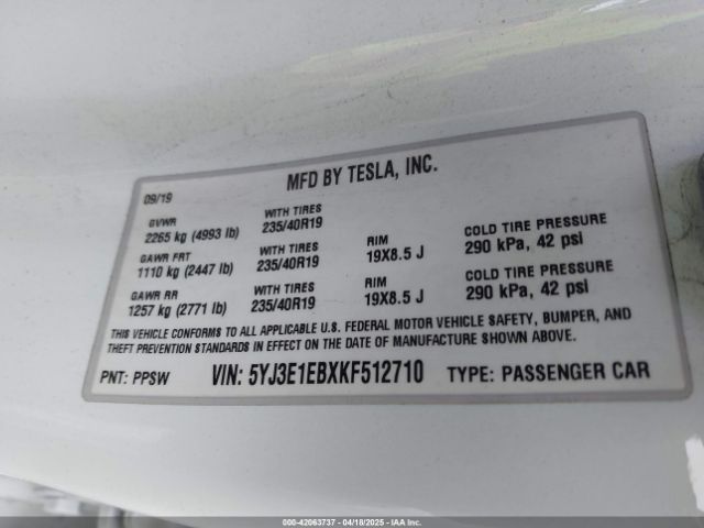 5YJ3E1EBXKF512710 Tesla Model 3 Long Range/performance
