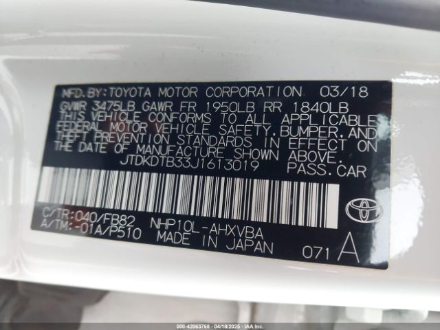 JTDKDTB33J1613019 Toyota Prius C Two