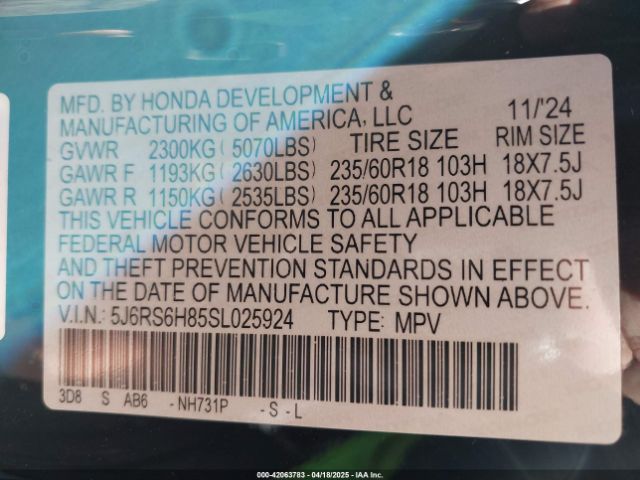 5J6RS6H85SL025924 Honda Cr-v Hybrid Sport-l