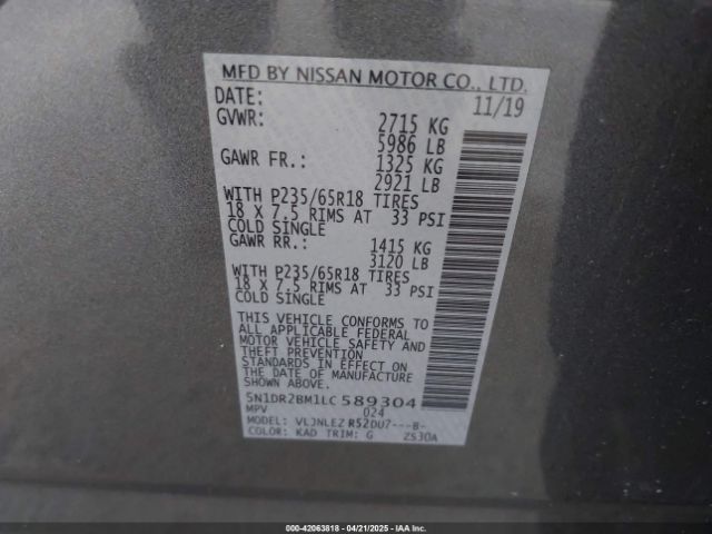 5N1DR2BM1LC589304 Nissan Pathfinder Sv 4wd