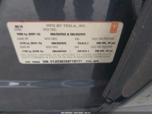 5YJXCBE28KF192171 Tesla Model X 100d/75d/long Range