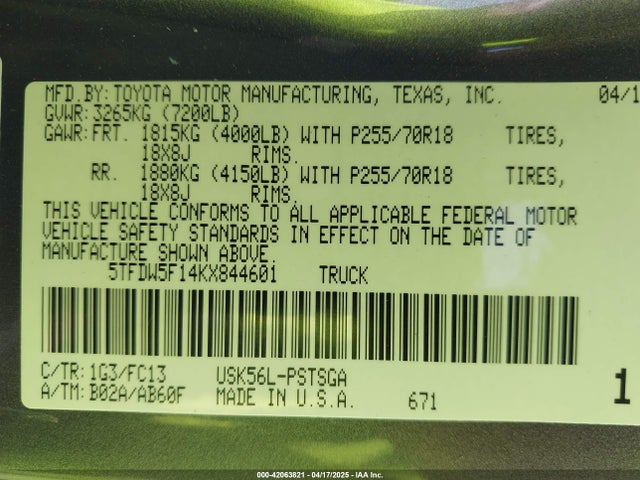 5TFDW5F14KX844601 Toyota Tundra Sr5 5.7l V8