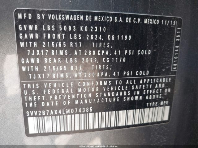 2020 VOLKSWAGEN TIGUAN 3VV2B7AX4LM074385 Photo 8