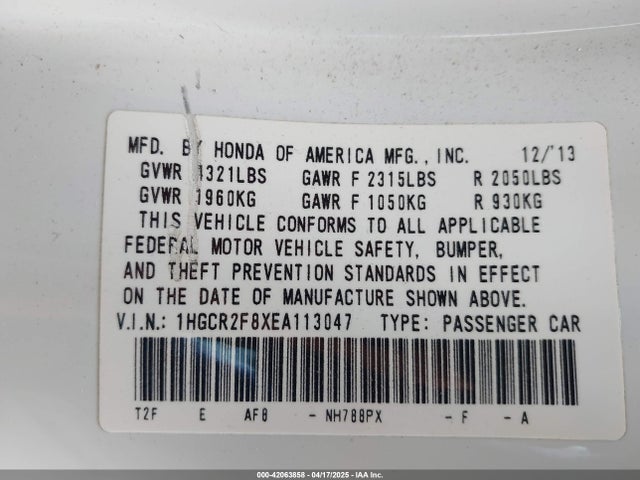 1HGCR2F8XEA113047 Honda Accord Ex-l