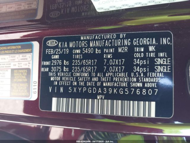 5XYPGDA39KG576807 KIA Sorento 2.4l Lx