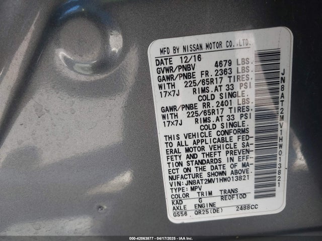 JN8AT2MV1HW013821 Nissan ROGUE S