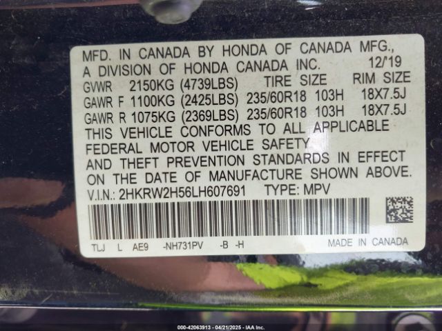 2HKRW2H56LH607691 Honda Cr-v Awd Ex