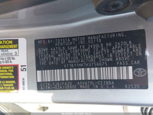 4T1B11HK7KU756675 Toyota CAMRY LE
