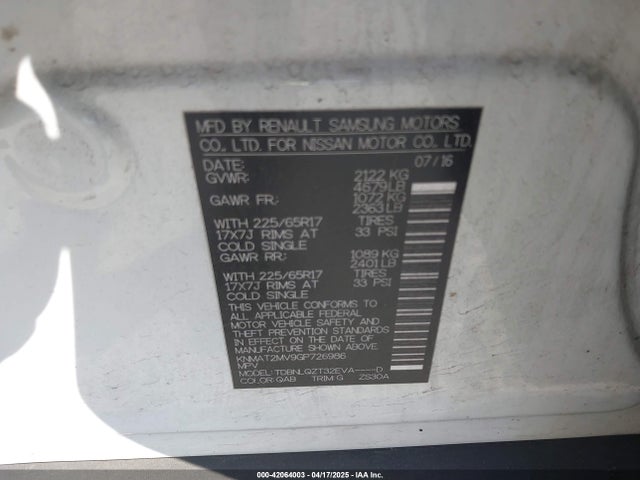 KNMAT2MV9GP726986 Nissan ROGUE SV