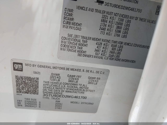 3GTU9DED2MG461700 GMC Sierra 1500 4wd  Short Box Slt