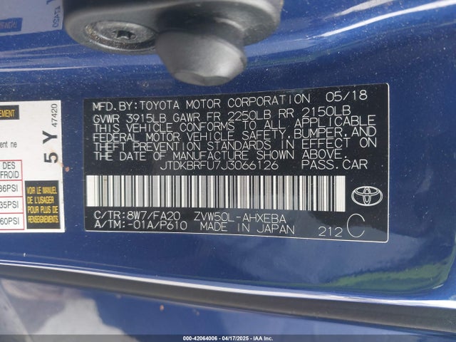 JTDKBRFU7J3066126 Toyota Prius Two