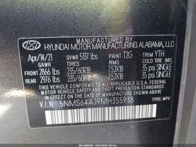 5NMS64AJ9MH355938 Hyundai Santa Fe Sel