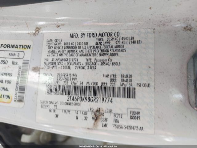3FA6P0K98GR219774 Ford Fusion Titanium