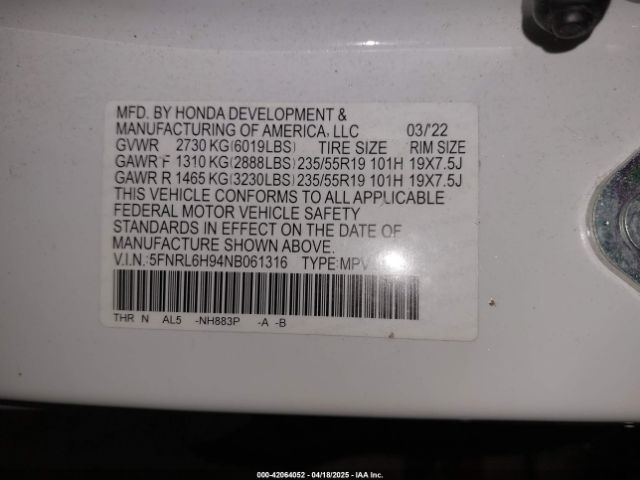 5FNRL6H94NB061316 Honda Odyssey Elite