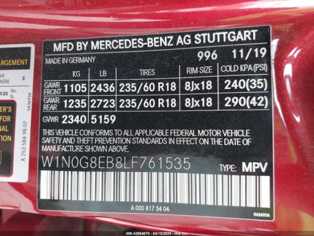 W1N0G8EB8LF761535 Mercedes-Benz m264