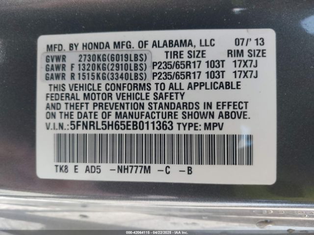 5FNRL5H65EB011363 Honda Odyssey Ex-l