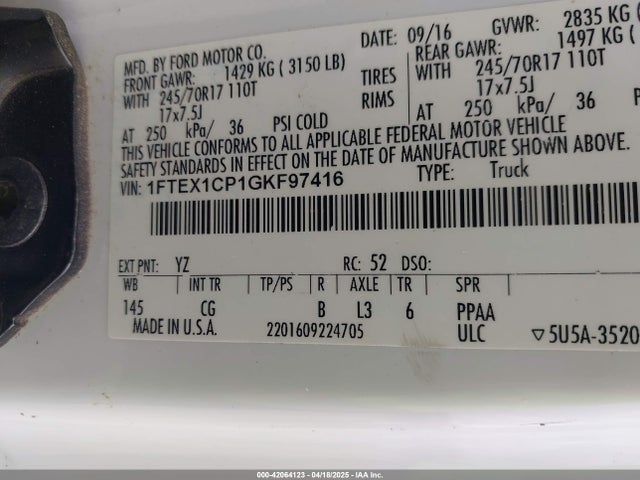 1FTEX1CP1GKF97416 Ford F-150 Xl