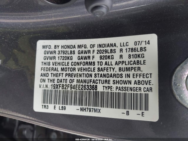 19XFB2F94EE263368 Honda Civic Ex-l