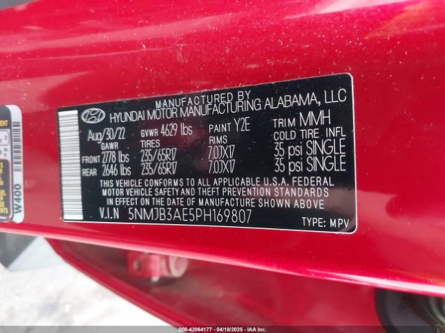 5NMJB3AE5PH169807 Hyundai TUCSON SEL