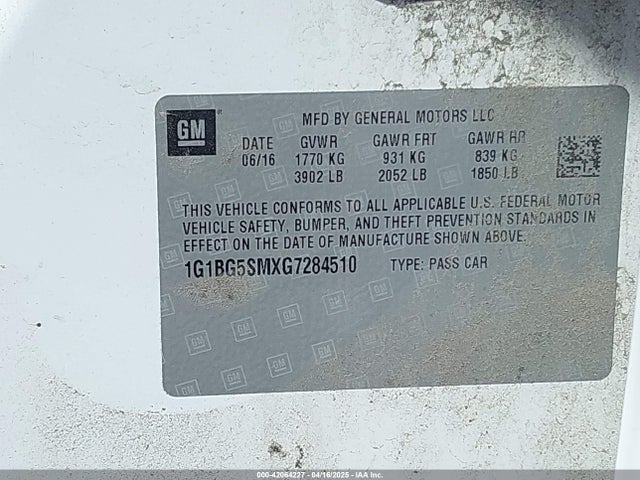1G1BG5SMXG7284510 Chevrolet Cruze Premier Auto