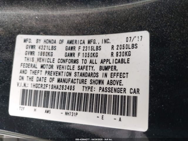 1HGCR2F19HA263495 Honda Accord Sport Se