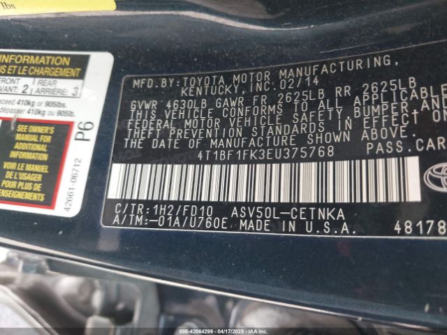 4T1BF1FK3EU375768 Toyota CAMRY LE