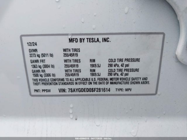 7SAYGDED0SF281614 Tesla Model Y Long Range Dual Motor All-wheel Drive