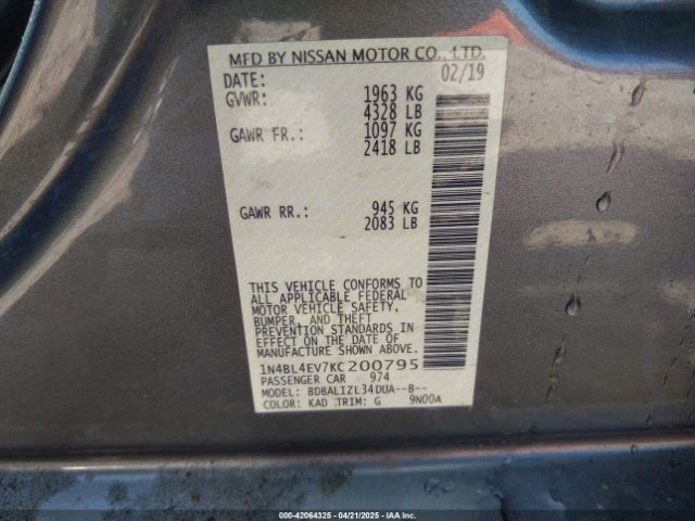1N4BL4EV7KC200795 Nissan Altima 2.5 Sl
