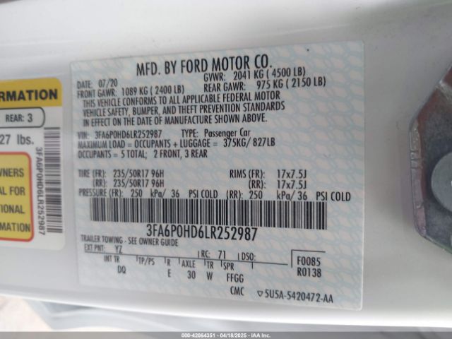 3FA6P0HD6LR252987 Ford FUSION SE