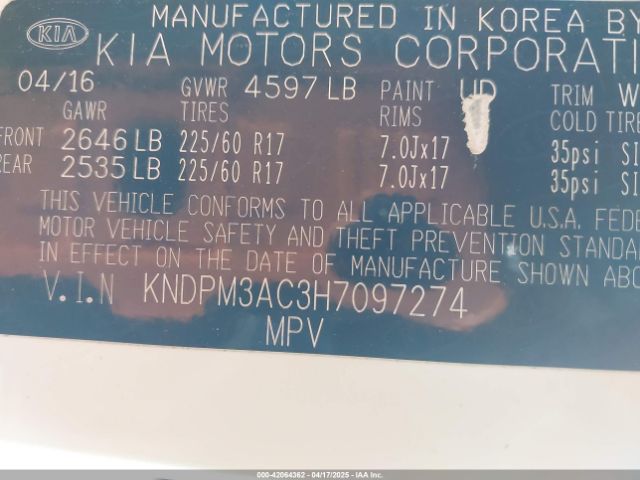 KNDPM3AC3H7097274 KIA Sportage Lx