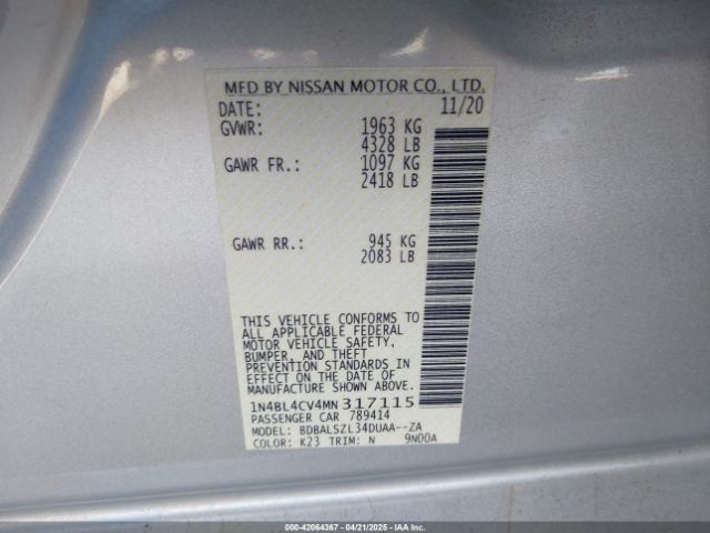 1N4BL4CV4MN317115 Nissan Altima Sr Fwd