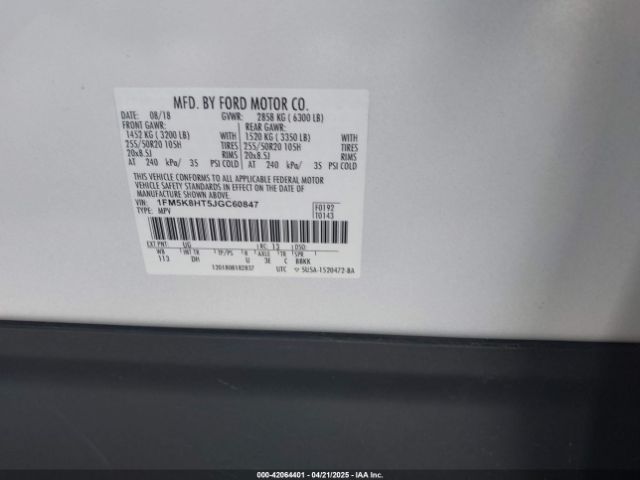 1FM5K8HT5JGC60847 Ford Explorer Platinum