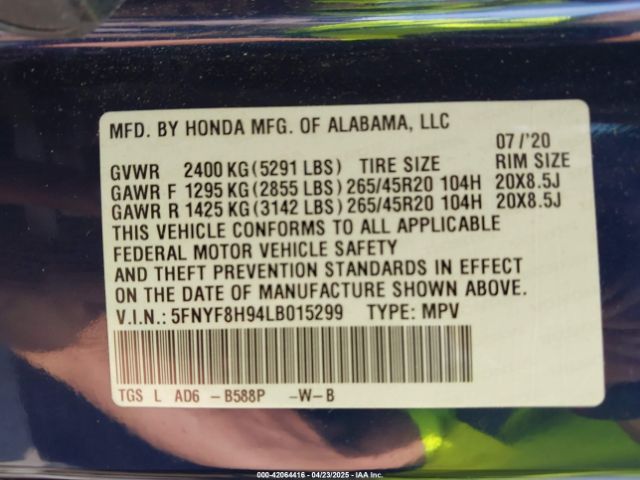 5FNYF8H94LB015299 Honda Passport Awd Touring