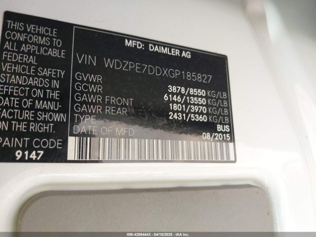 WDZPE7DDXGP185827 Mercedes-Benz Sprinter 2500 Normal Roof