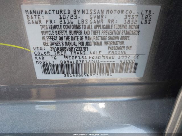 3N1AB8BV6RY233781 Nissan Sentra S Xtronic Cvt