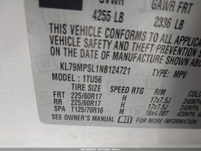 KL79MPSL1NB124721 Chevrolet Trailblazer Fwd Lt