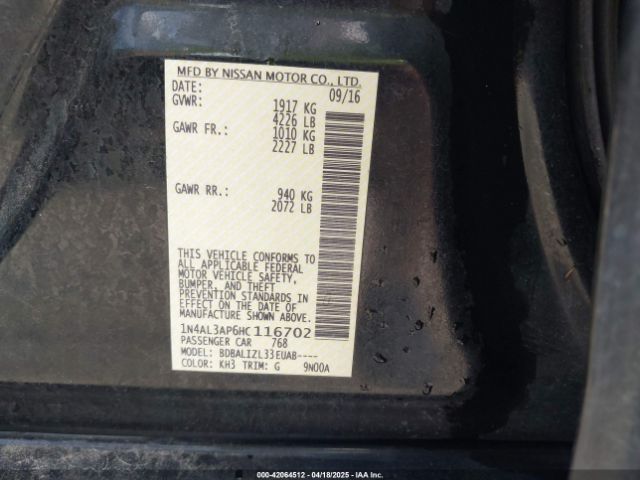 1N4AL3AP6HC116702 Nissan Altima 2.5/2.5 S/2.5 Sl/2.5 Sr/2.5 Sv