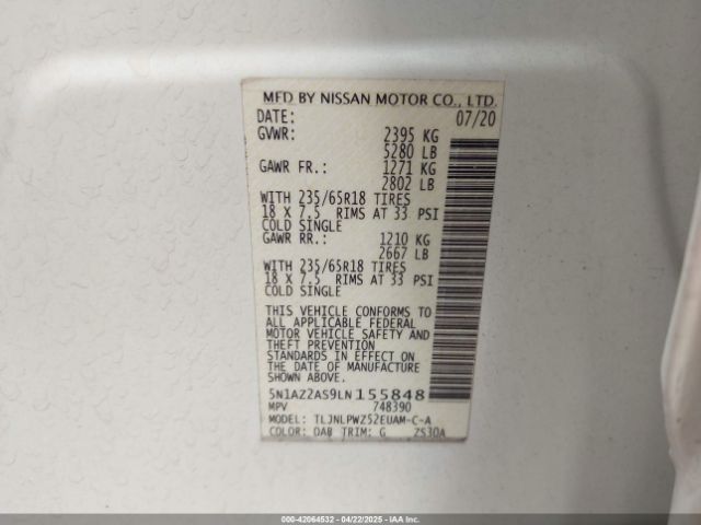 5N1AZ2AS9LN155848 Nissan Murano S Intelligent Awd