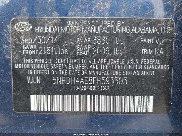 5NPDH4AE8FH593503 Hyundai ELANTRA SE