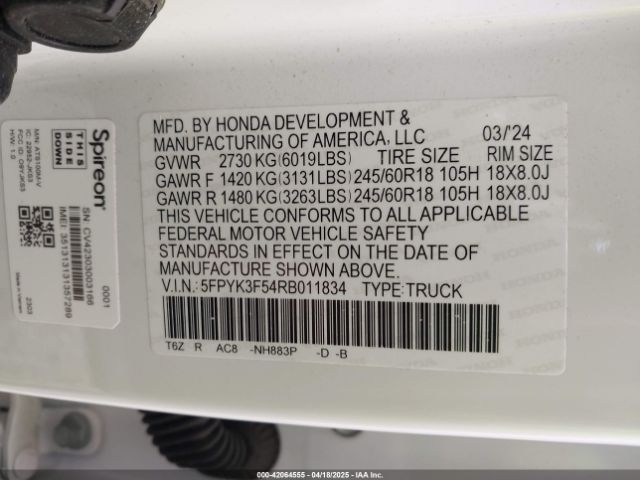 5FPYK3F54RB011834 Honda Ridgeline Rtl