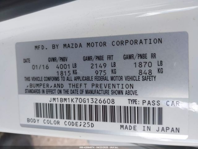JM1BM1K70G1326608 Mazda Mazda3 I Sport