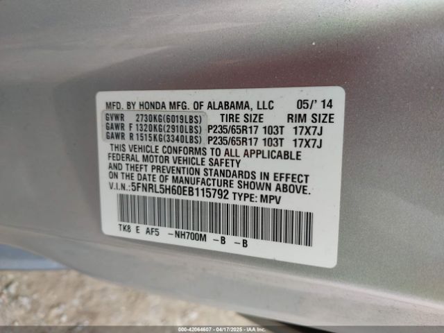 5FNRL5H60EB115792 Honda Odyssey Ex-l