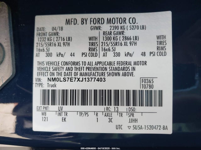 Ford 2.5l dohc pfi 2018 NM0LS7E7XJ1377403 Image 9