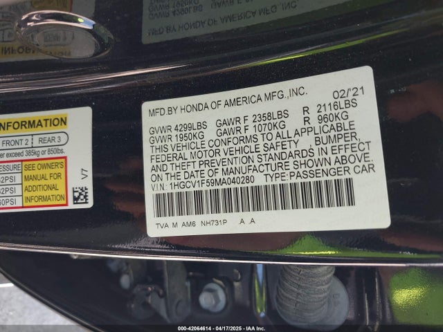 1HGCV1F59MA040280 Honda Accord Ex-l